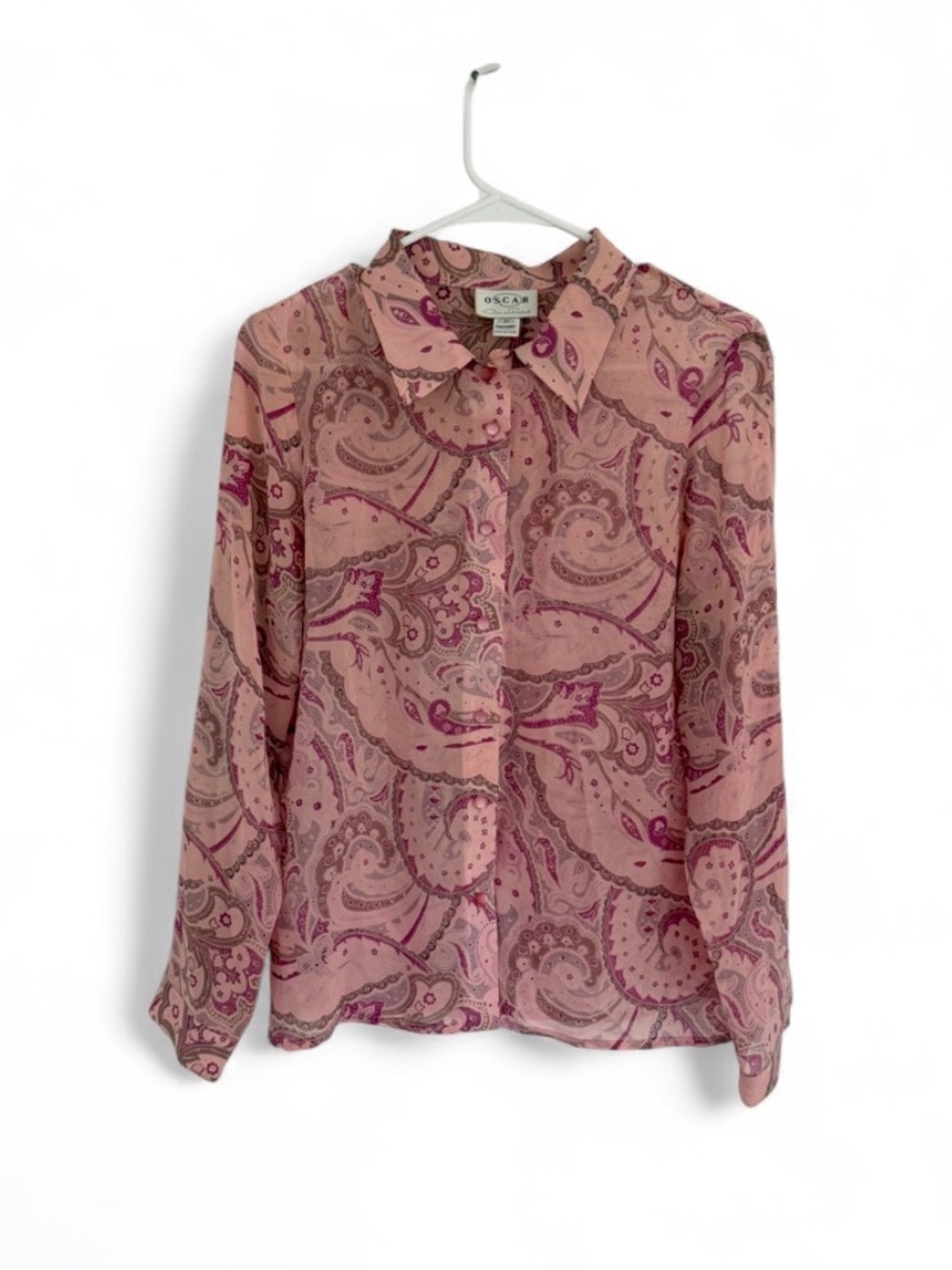 Oscar De La Renta 100% Silk Button Down Long Sleeve Top 12 Blouse Pink Paisley